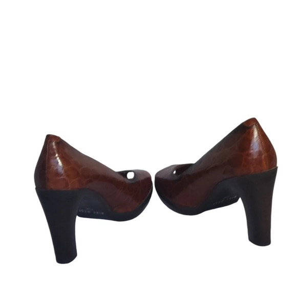 Nine West Cognac Alligator Embossed Leather Open Toe Heels Block Heel - Picture 14 of 15